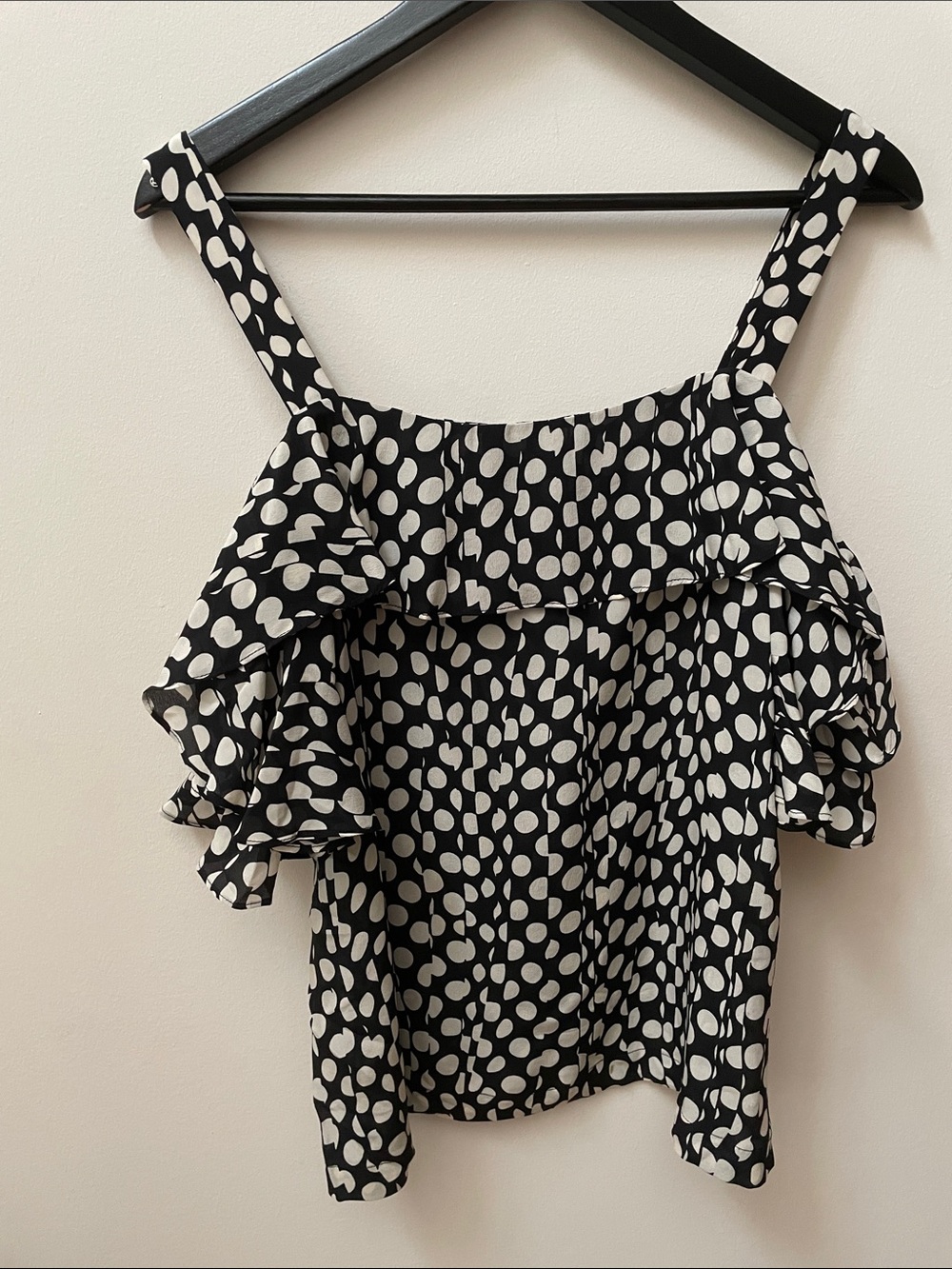 J. Crew Silk Black & White Polka Dot Ruffle Cold Shoulder Blouse